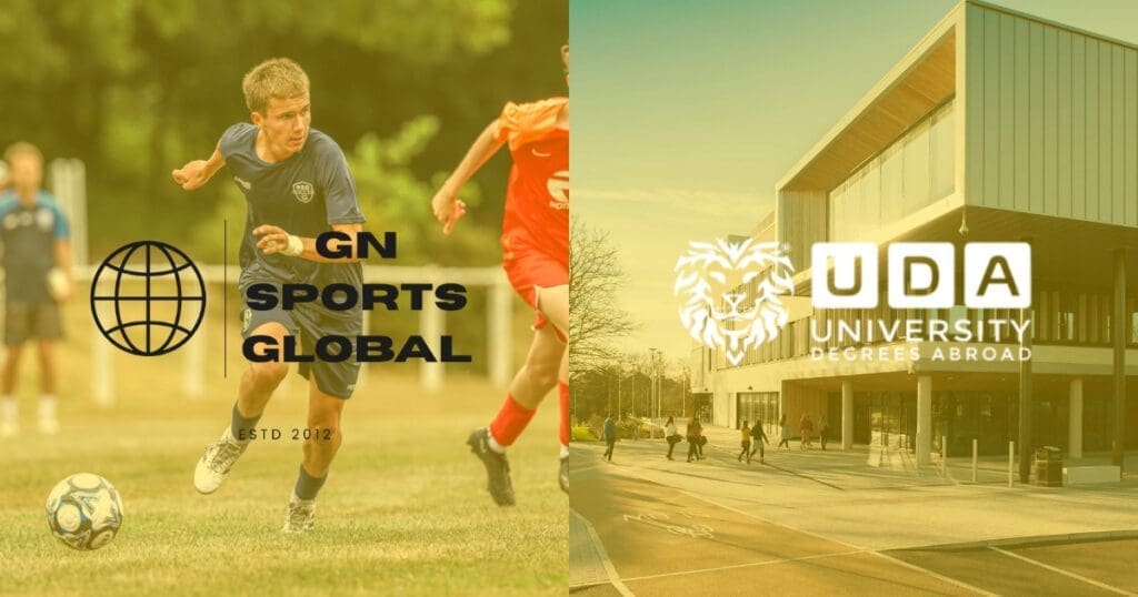 Student-athlete in a football kit standing in front of a historic English university campus, representing the UK play and study pathway.